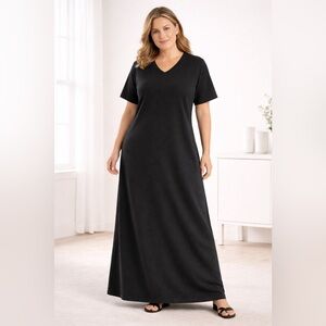 Junonia Black Cotton Maxi Dress 1X V-Neck